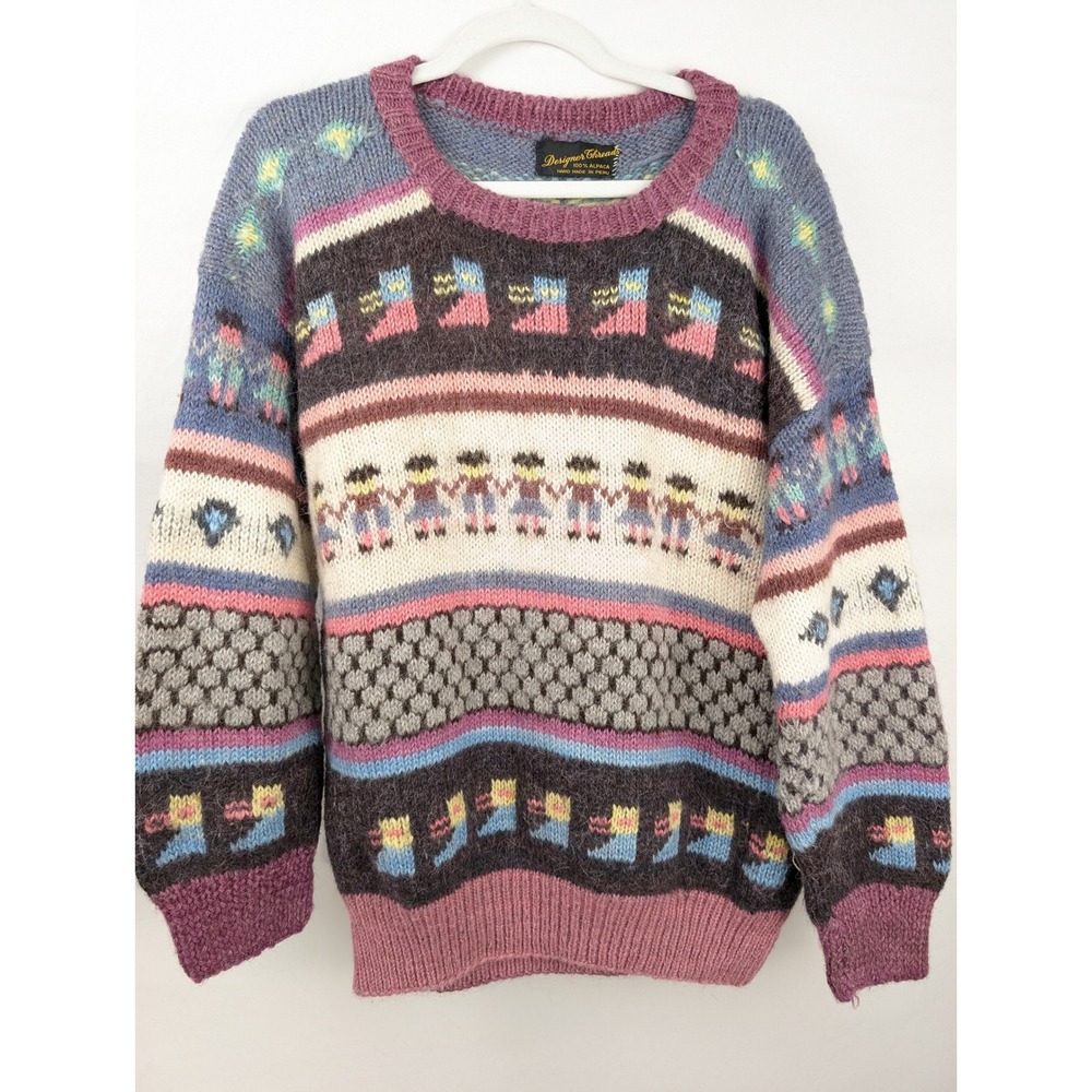 Vintage 90s Hand Knit 100% Alpaca Sweater L Multicolor Cottagecore Art to Wear